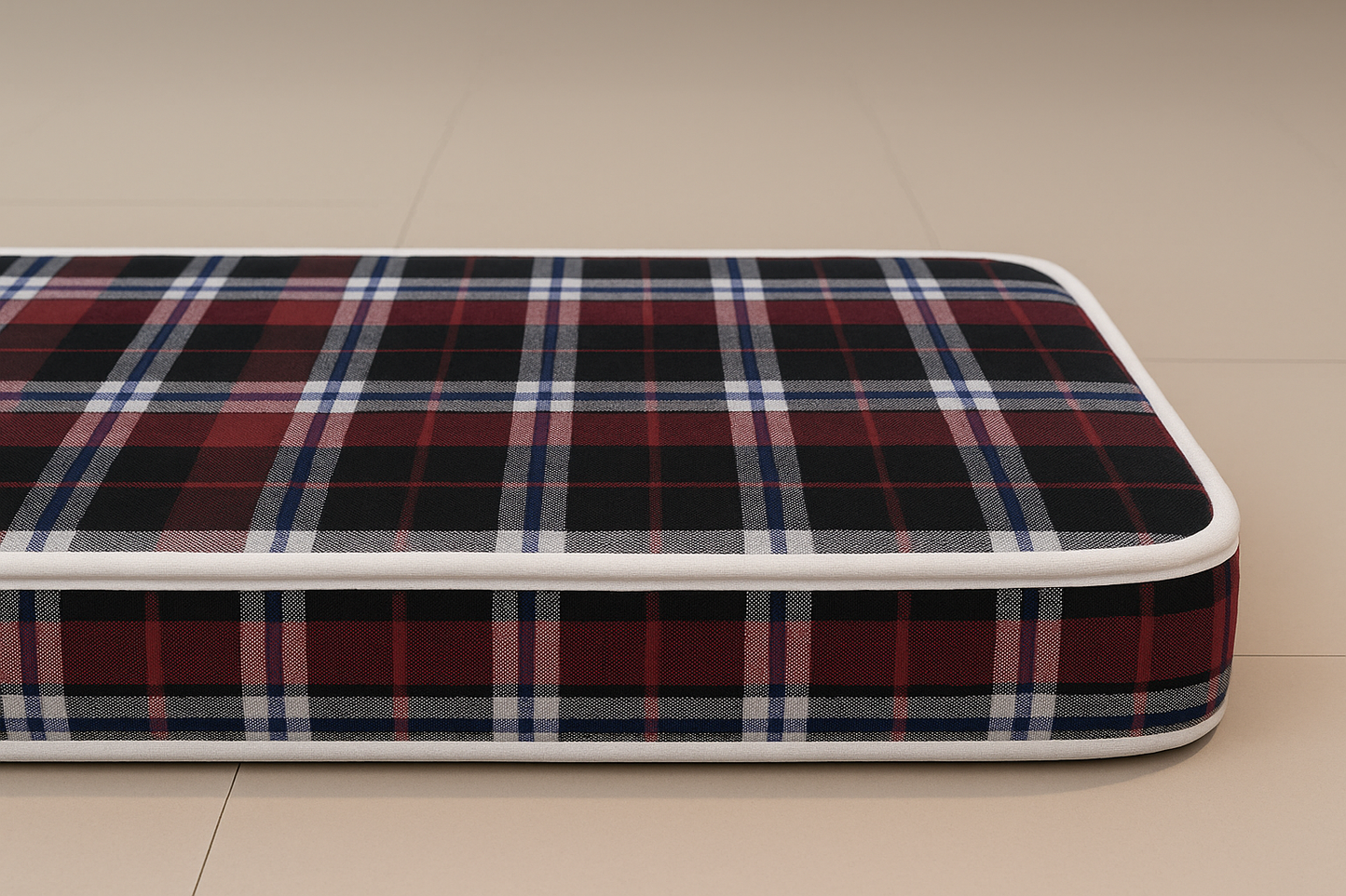 2-inch thick camping mattress side view with plaid fabric