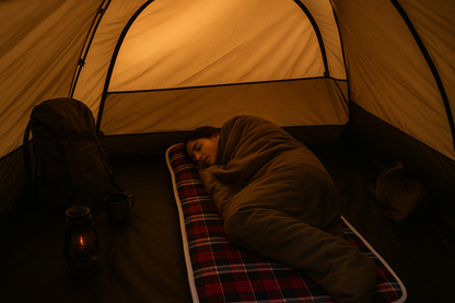 Person sleeping on single-width camping mattress in tent